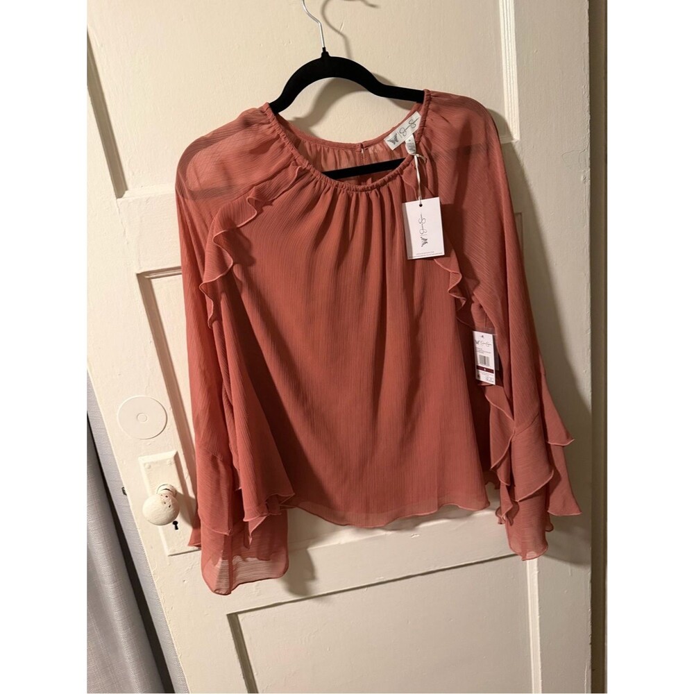 NWT Jessica Simpson Dusty Rose Elaine Ruffle-Sleeve Blouse Sz S Bohemian